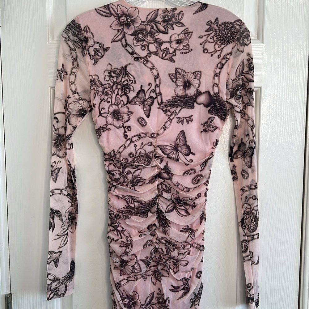 PINKO Slim Fit Tattoo Print Midi Dress ruched mesh long sleeve pink black small - Picture 12 of 13